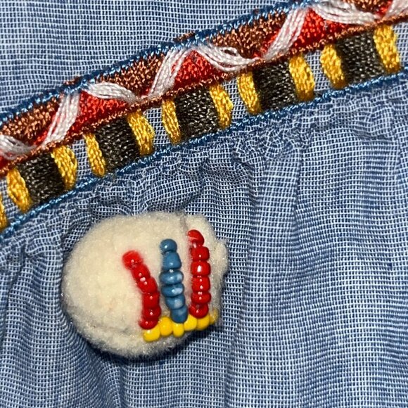 ZARA Embroidered BOHO Peasant Top Blue Floral Pom Poms Beaded Puff Sleeves  XL - Picture 6 of 11